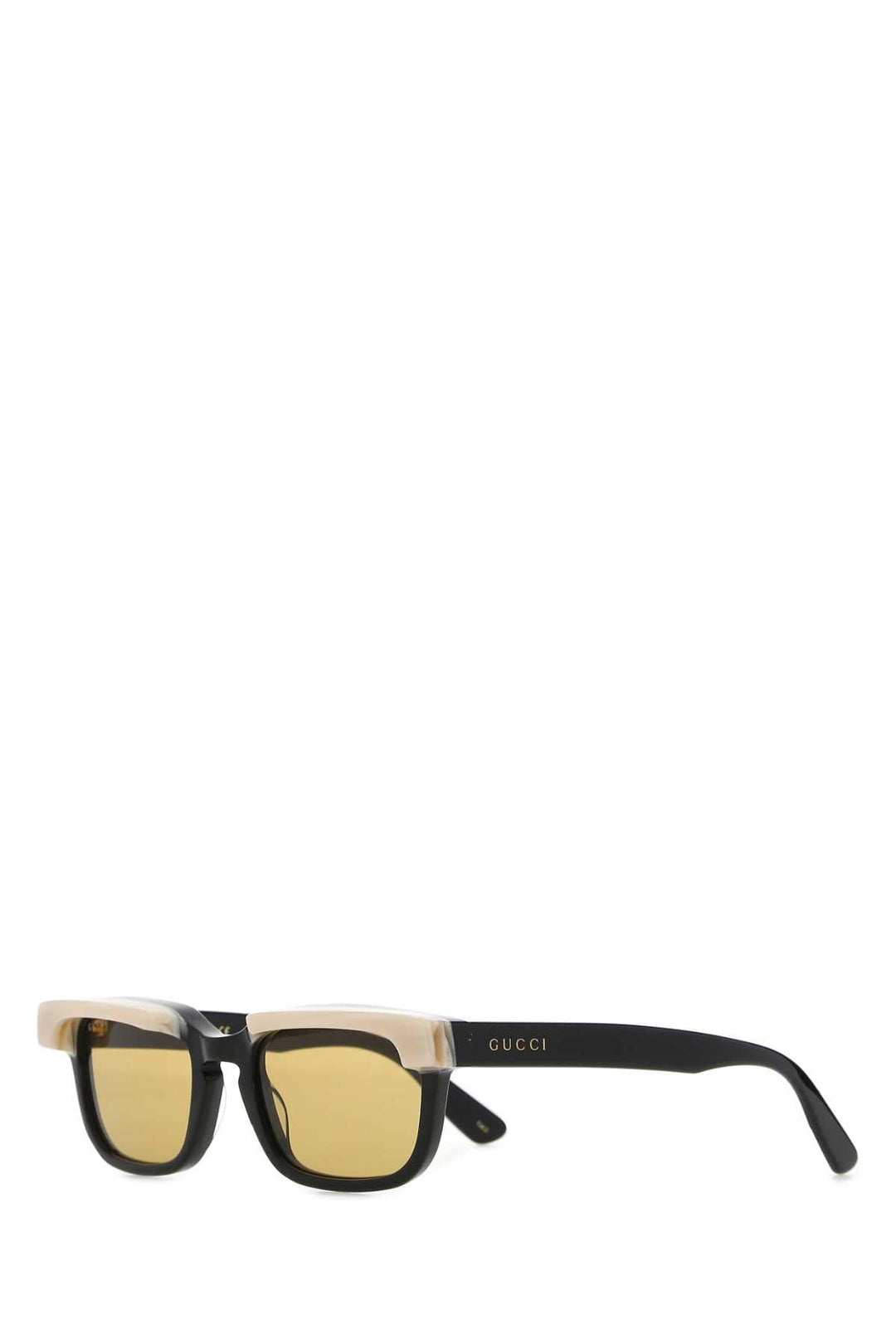 Sunglasses with a black frame and yellow lenses on a white background