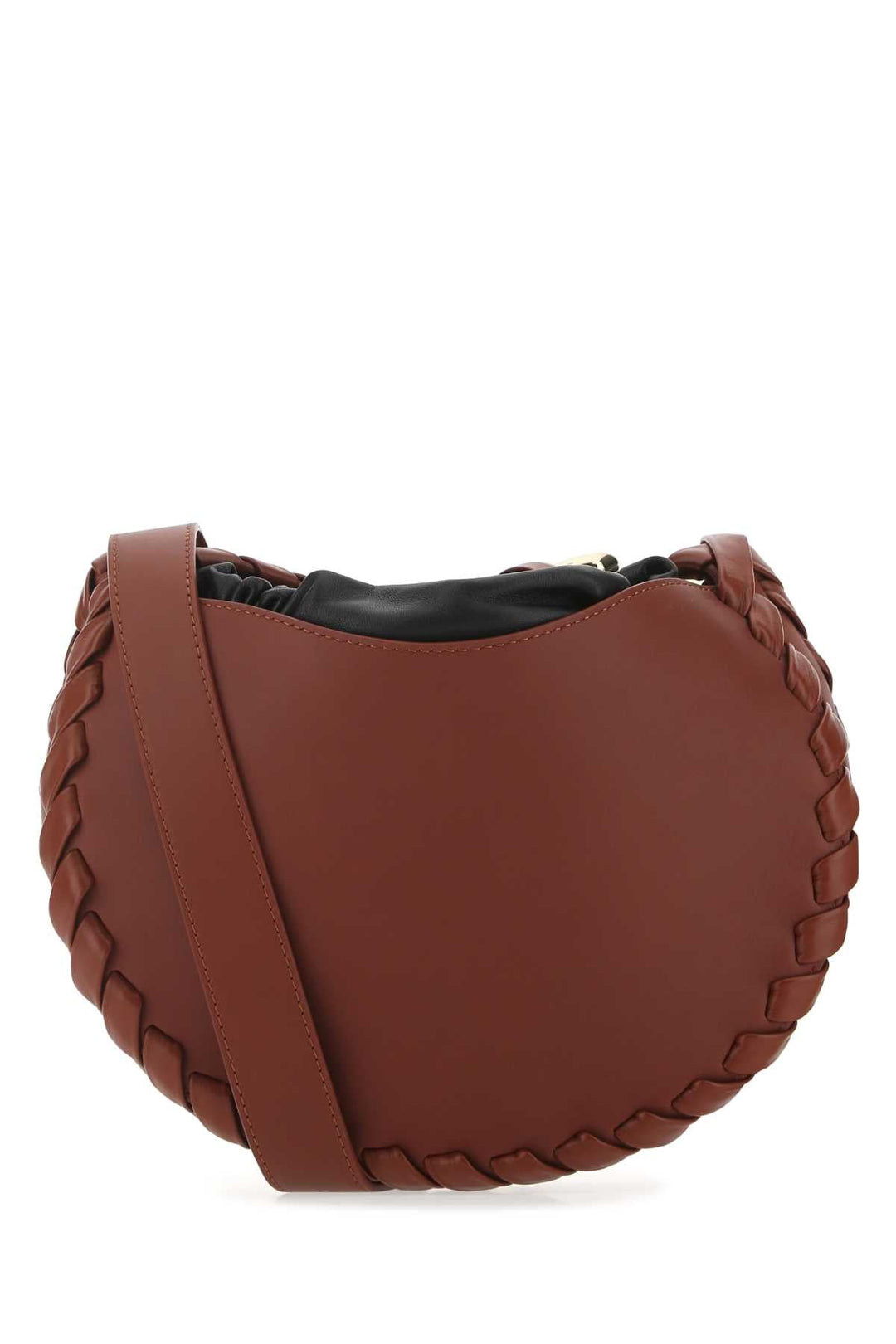 Brown leather handbag with braided strap on a white background