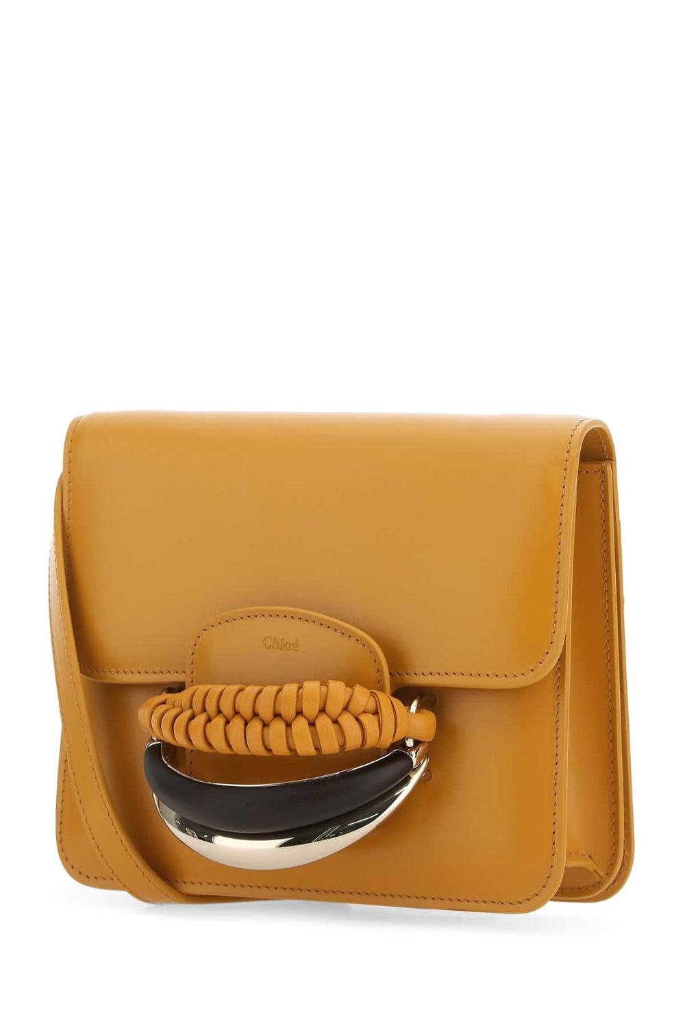 Yellow handbag with a unique handle design on a white background
