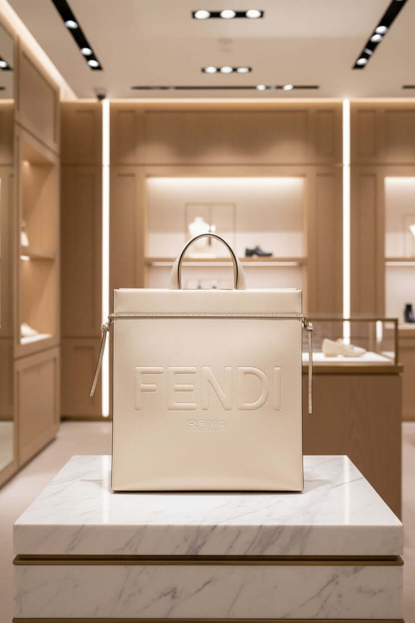 Beige leather bag with 'FENDI' embossed logo on a white background