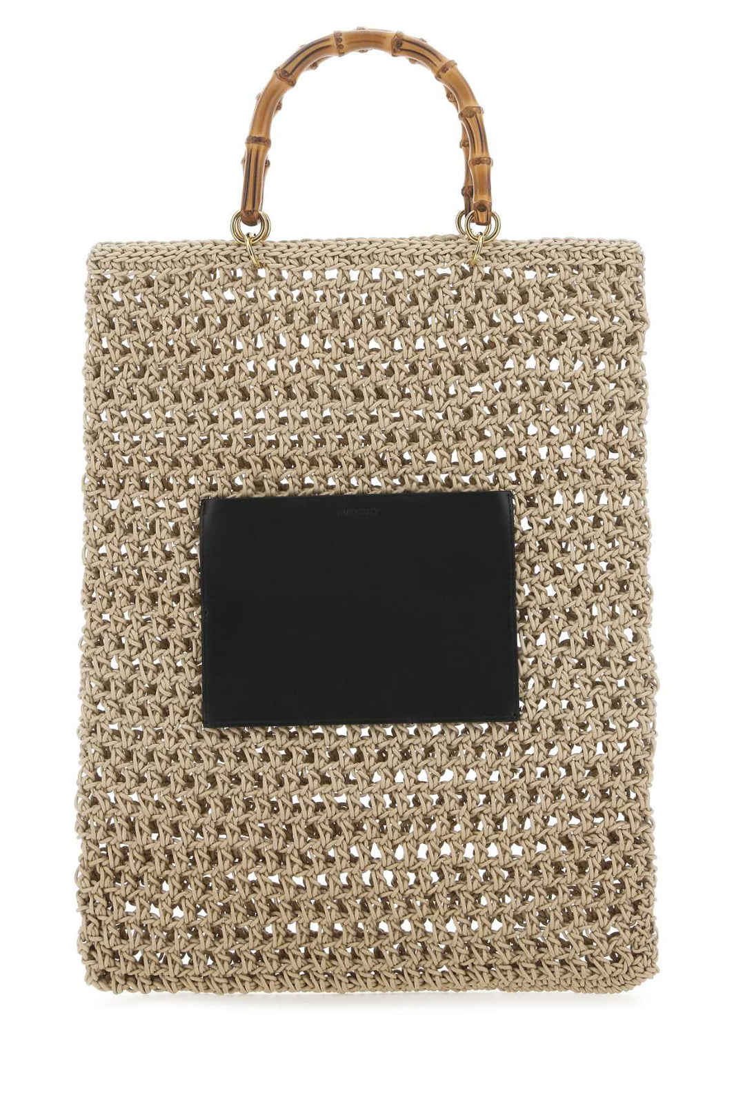 Beige woven handbag with a black square patch on a white background