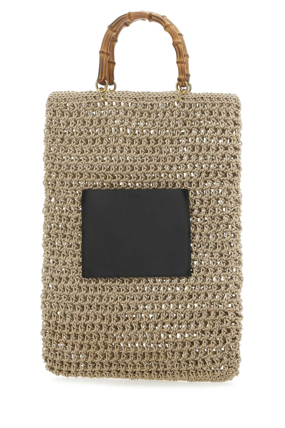 Beige woven handbag with a black patch on a white background