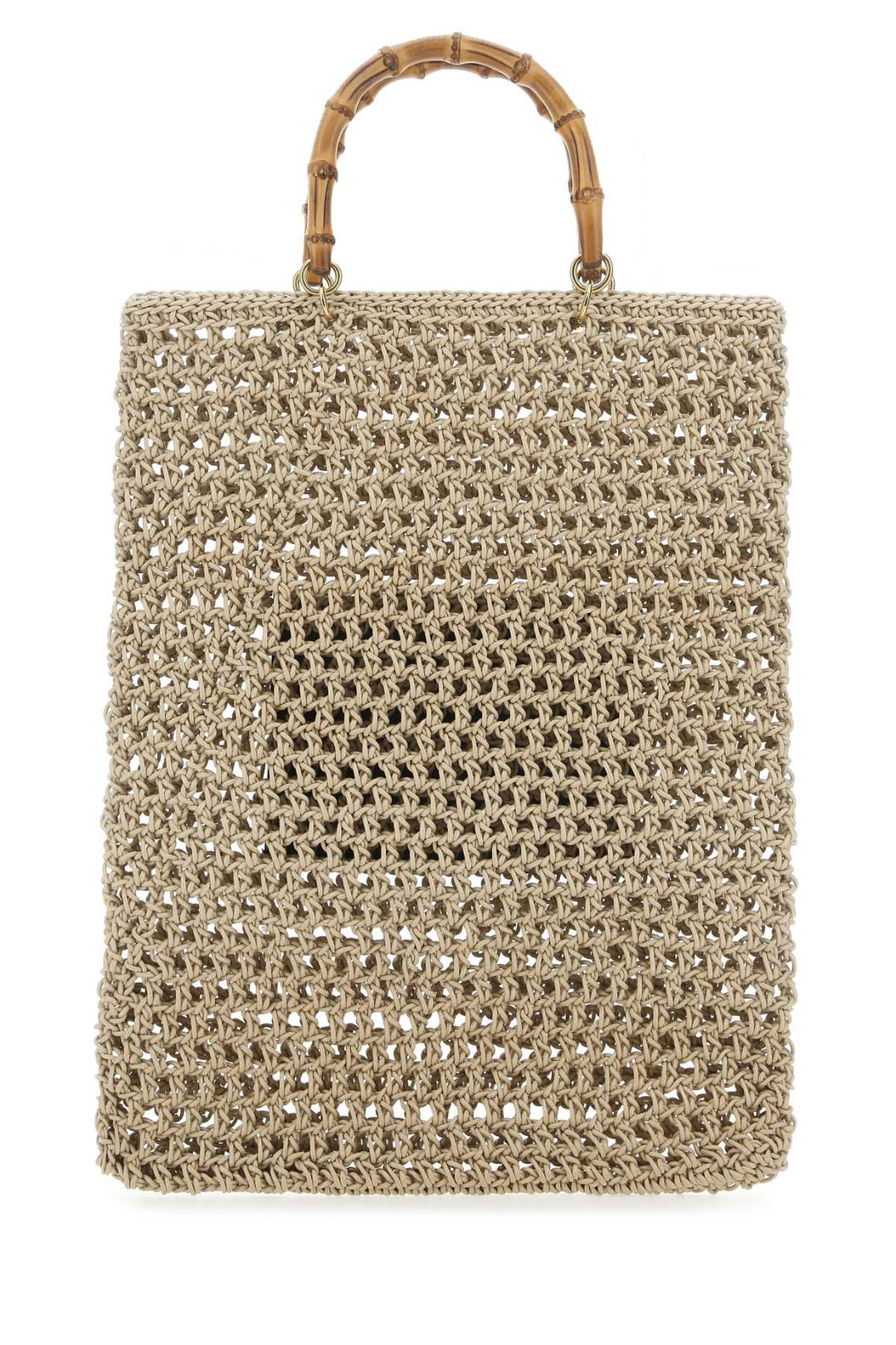 Beige woven tote bag with bamboo handle on a white background