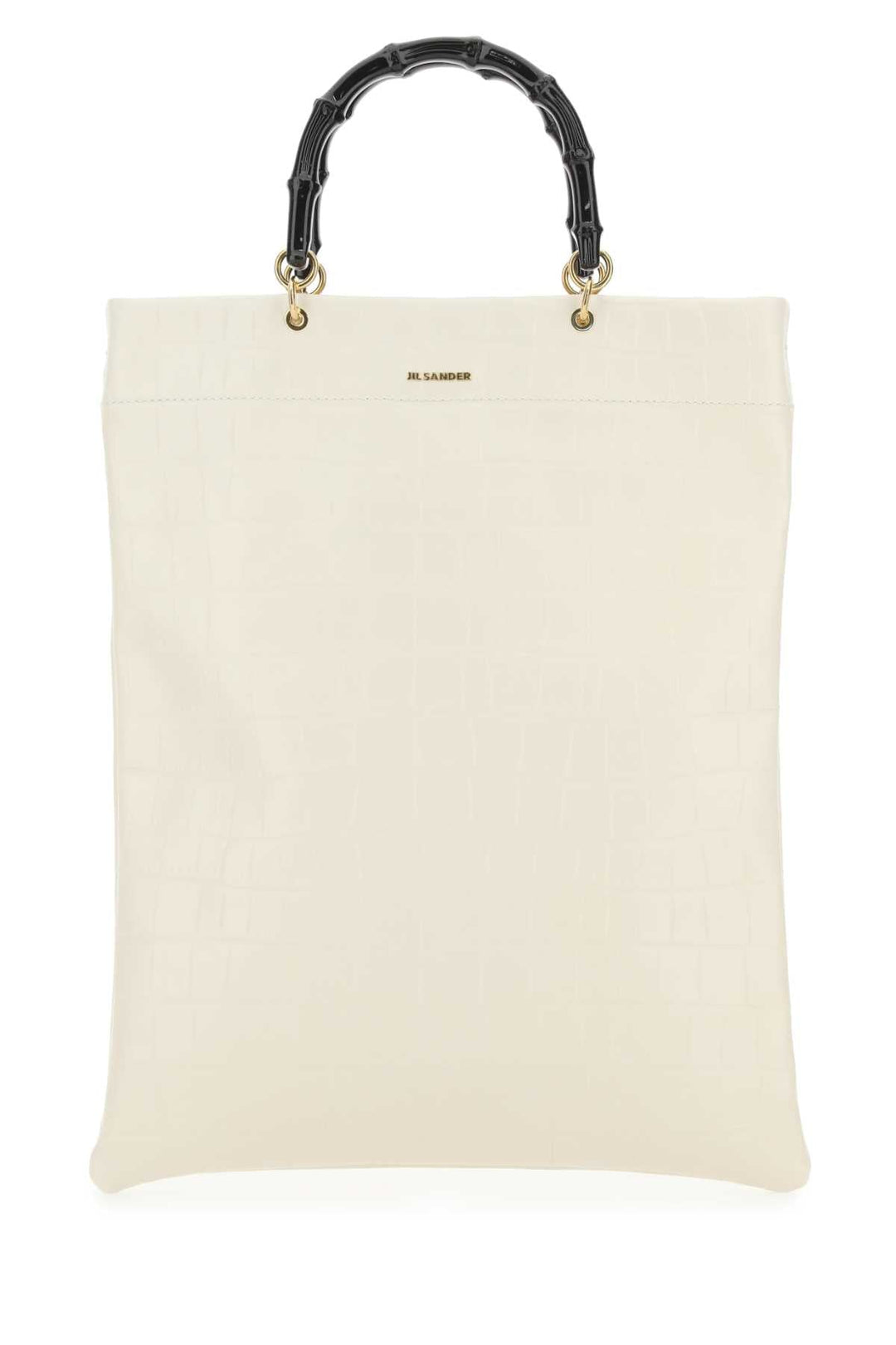 White tote bag with black bamboo handle on a white background