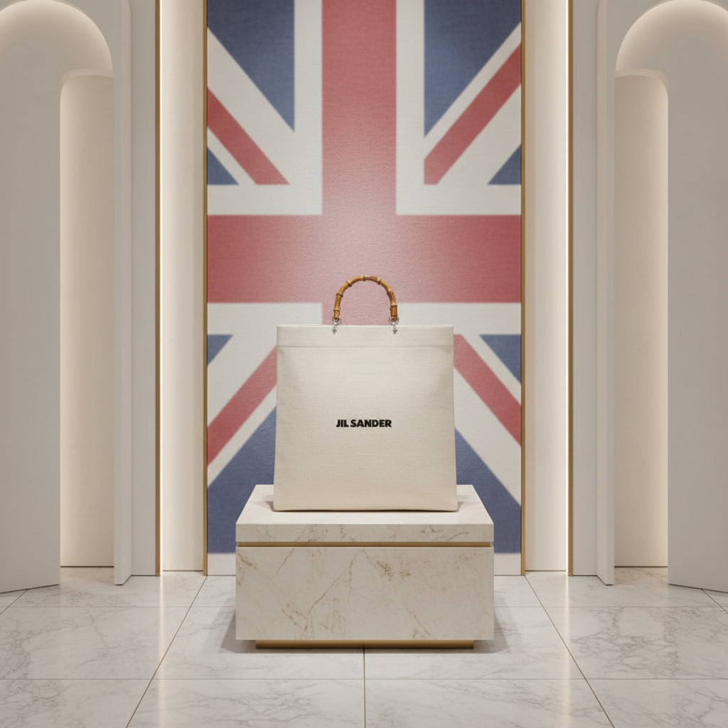 Beige tote bag with bamboo handle and 'JIL SANDER' logo on a white background