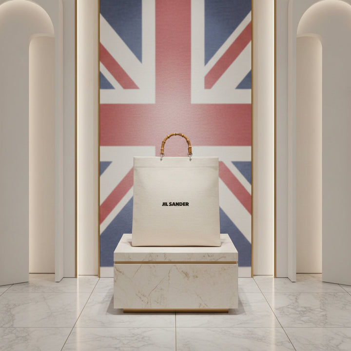 Beige tote bag with bamboo handle and 'JIL SANDER' logo on a white background