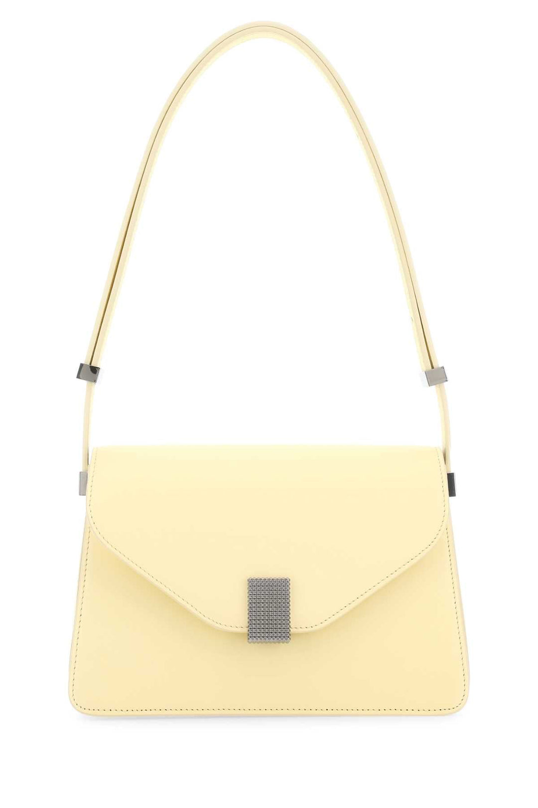 Yellow handbag with a decorative clasp on a white background