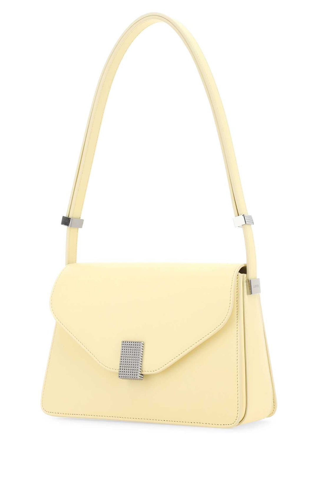 Yellow handbag with a decorative clasp on a white background