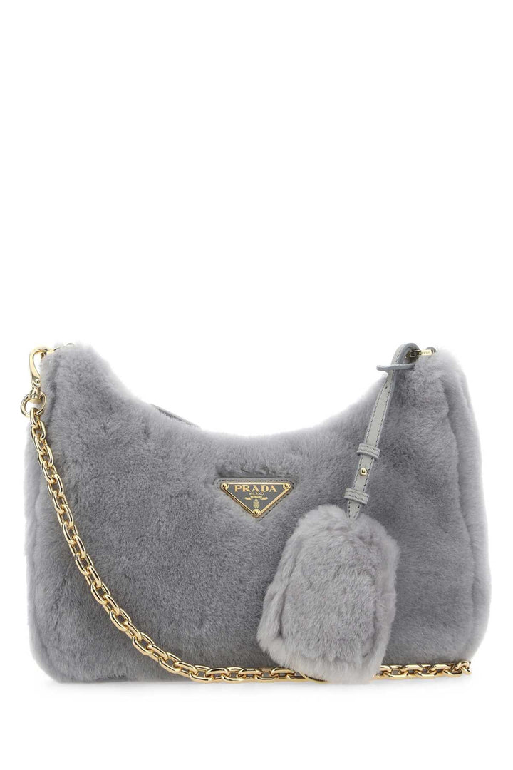 Prada Women Light Grey Shearling Shoulder Bag