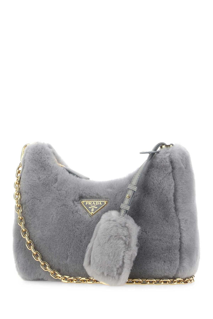Prada Women Light Grey Shearling Shoulder Bag