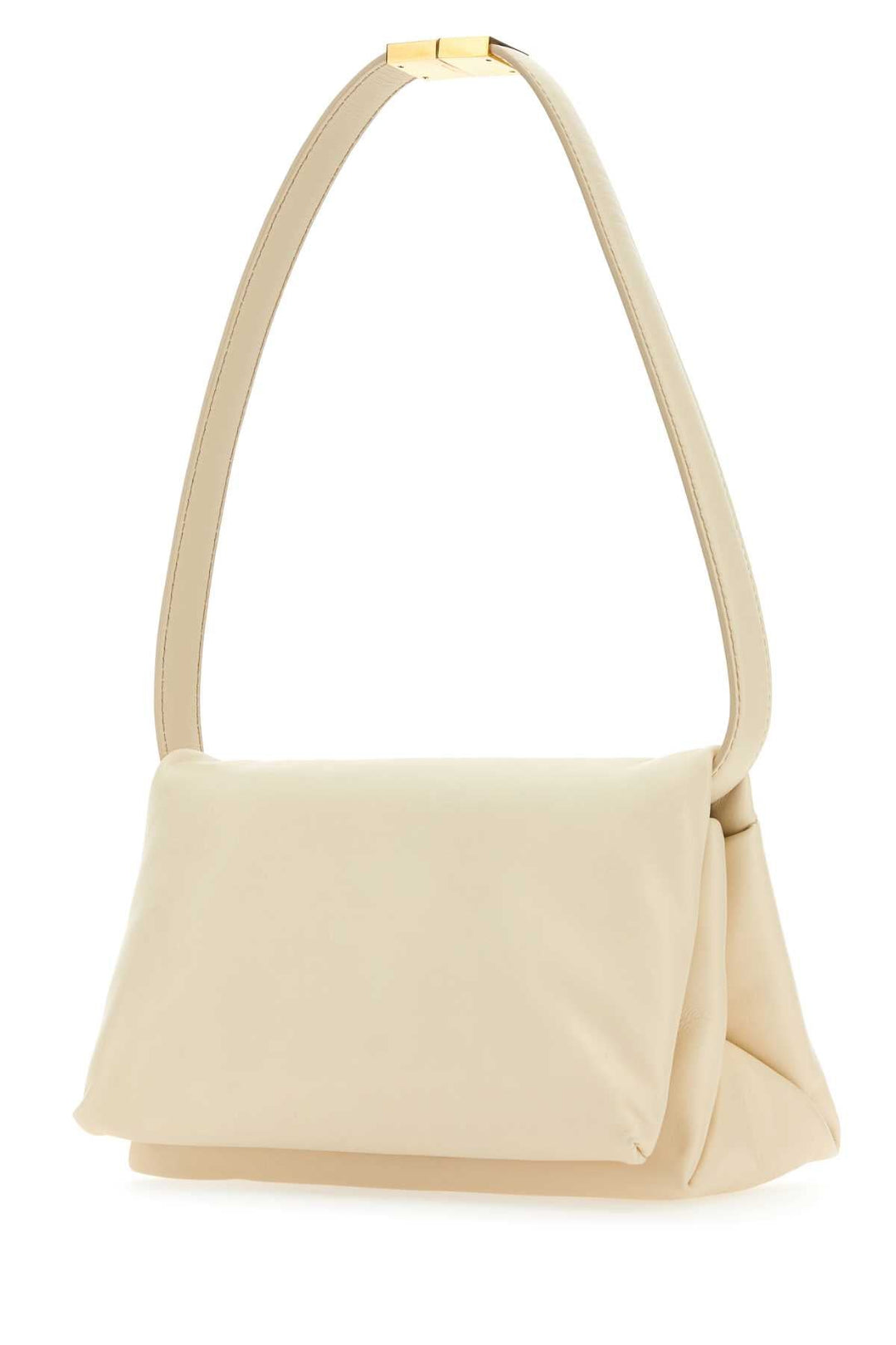 Beige handbag with a gold handle on a white background