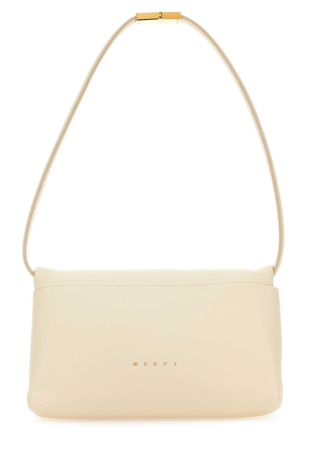 Cream-colored handbag with a gold chain strap on a white background