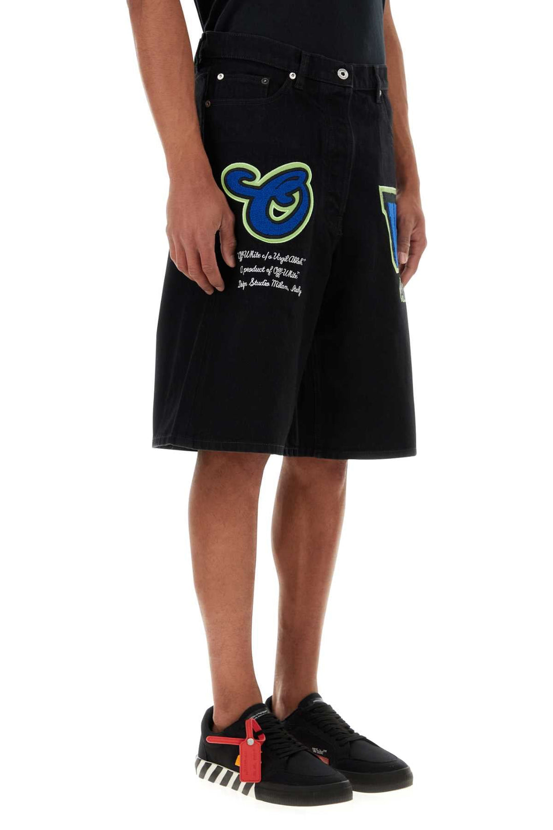 Off White Men Black Denim Bermuda Shorts