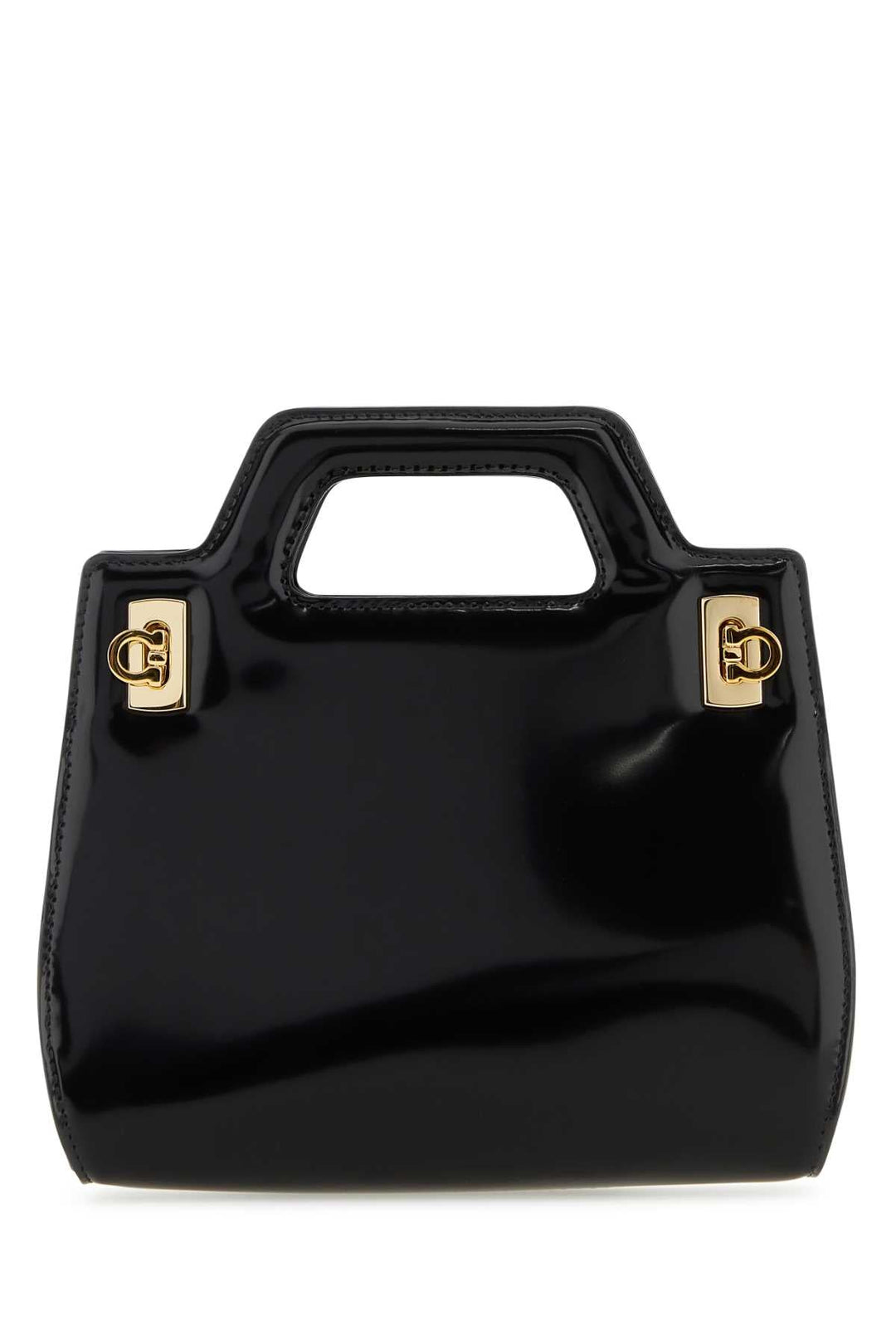 Black handbag with gold accents on a white background