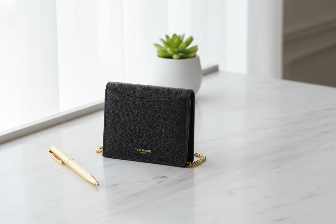 Black handbag with gold chain and colorful tag on a white background