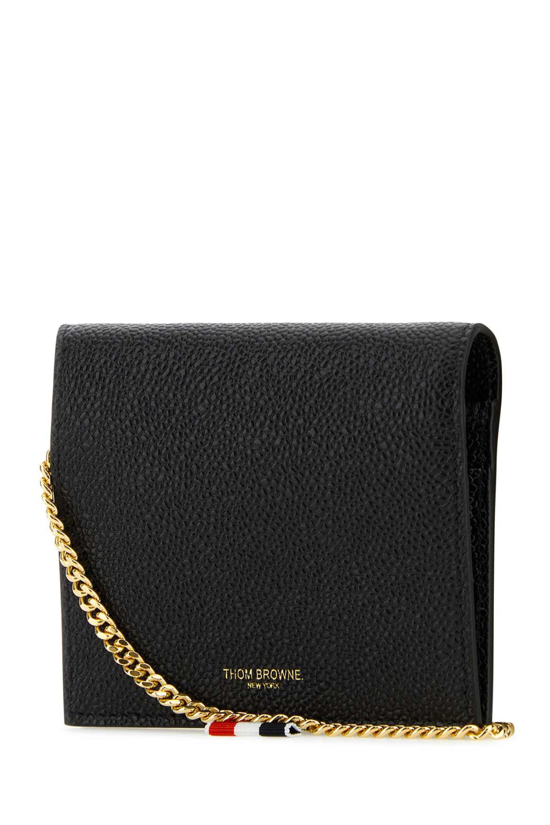 Black handbag with gold chain on a white background