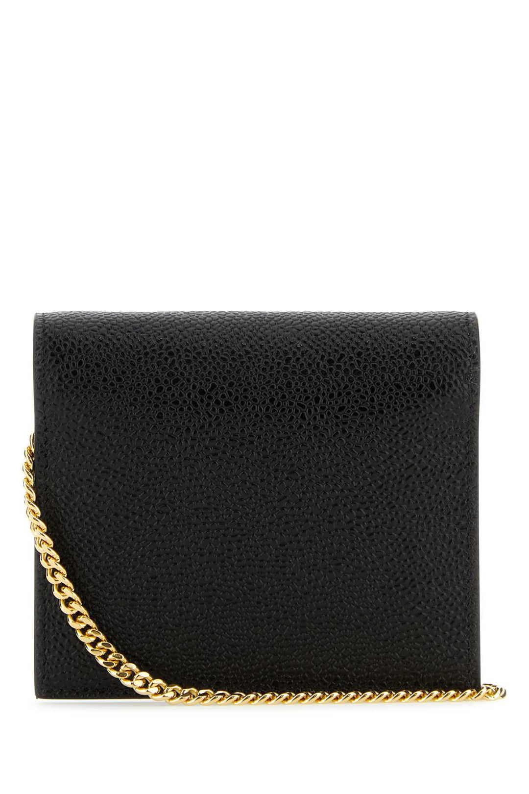 Black handbag with a gold chain on a white background