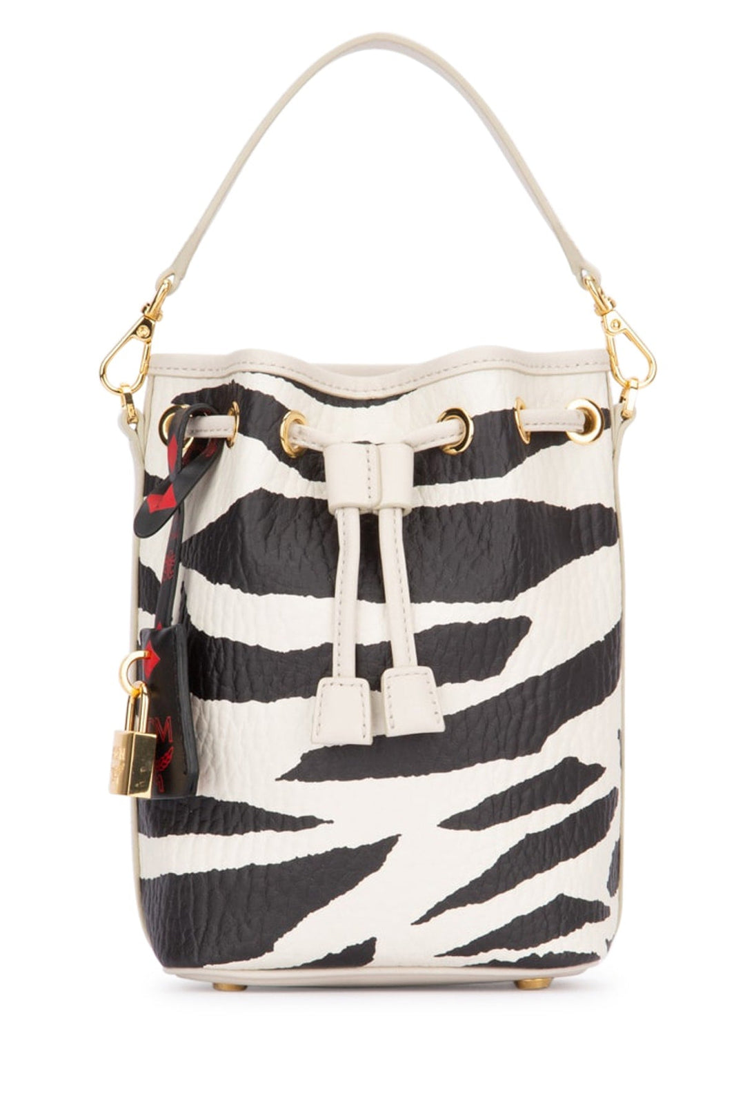 Zebra print bucket bag with a white drawstring on a white background