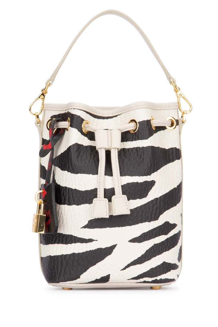 Zebra print bucket bag with a white drawstring on a white background