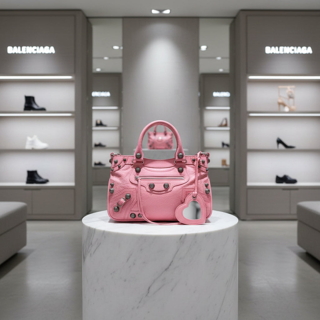 Pink handbag with black studs and a heart-shaped tag on a white background