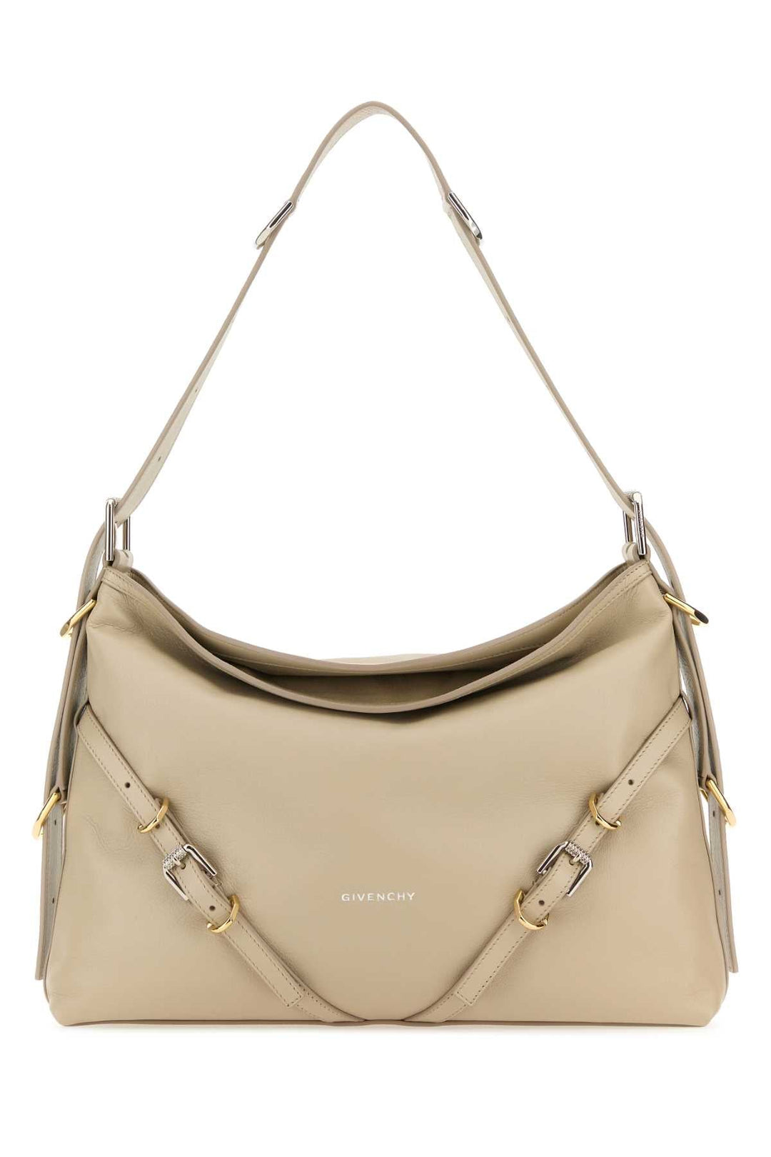 Beige handbag with gold accents on a white background