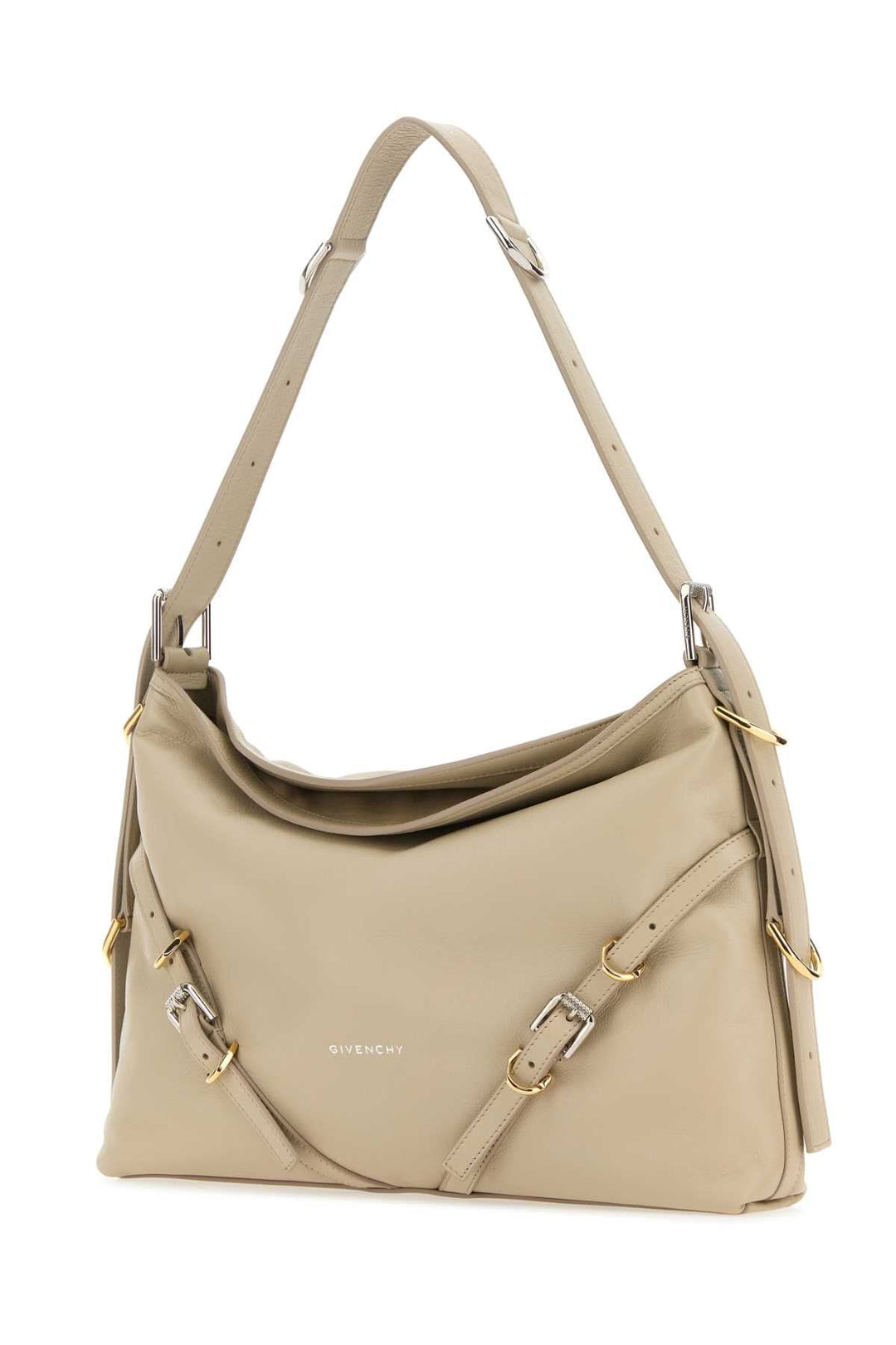 Beige handbag with gold accents on a white background