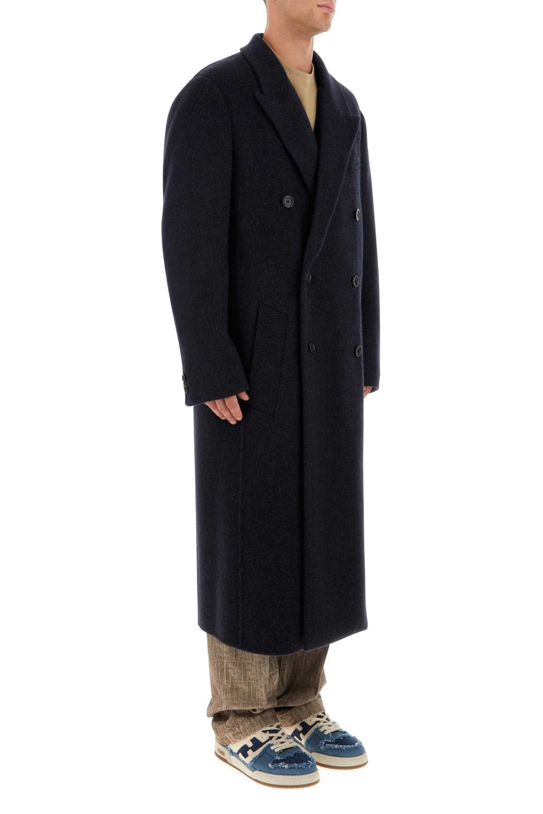 Fendi Men Navy Blue Wool Blend Coat