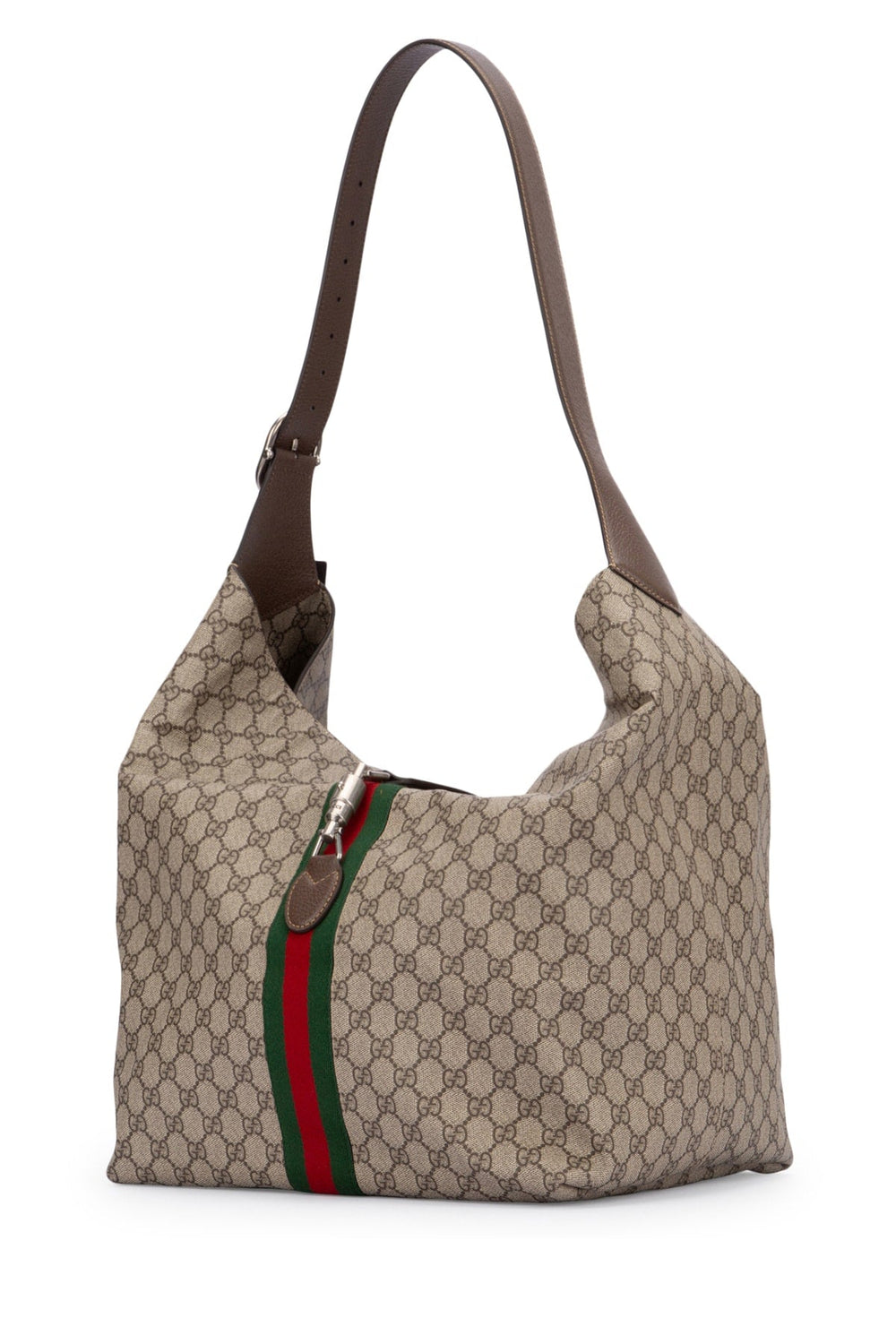 Beige handbag with brown strap and red and green zipper on a white background