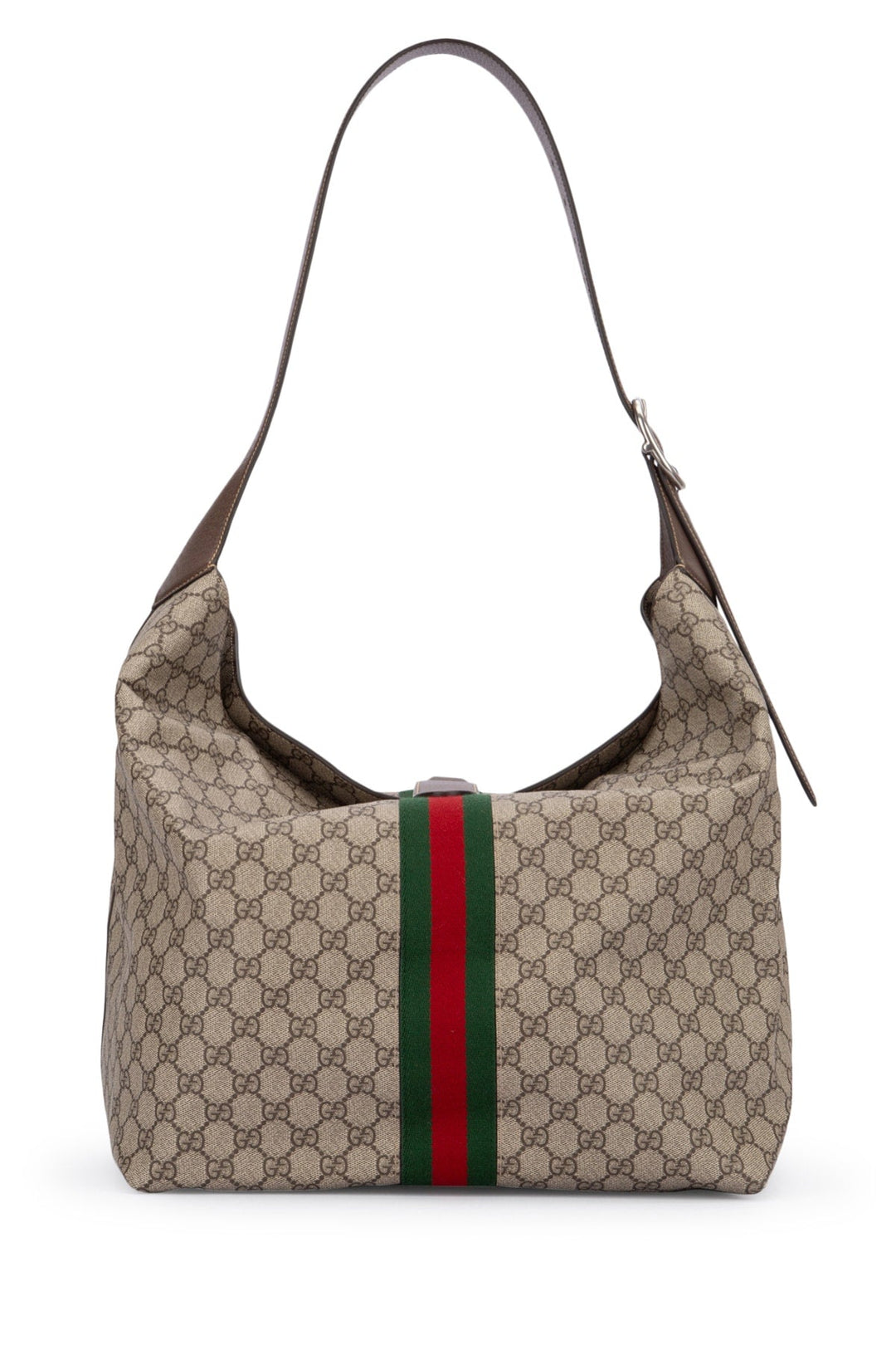 Beige handbag with a red and green stripe on a white background