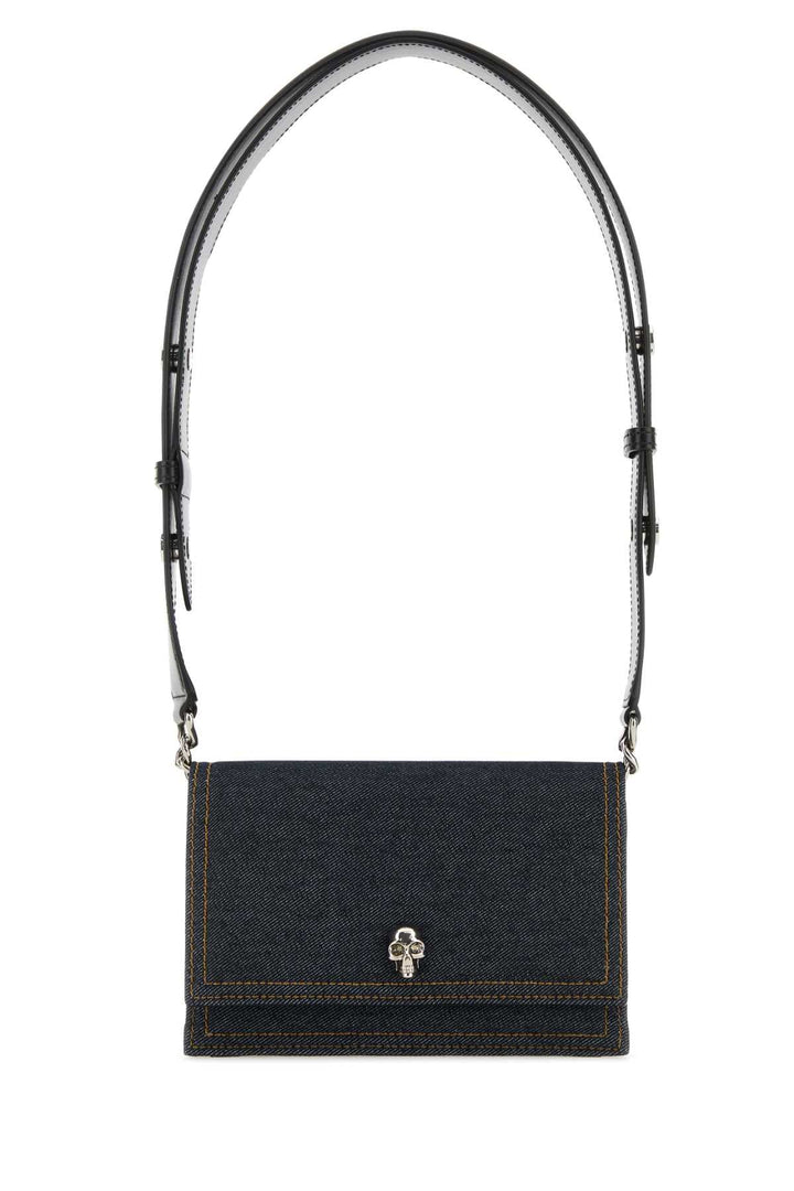 Alexander Mcqueen Women Dark Blue Denim Small Biker Skull Shoulder Bag