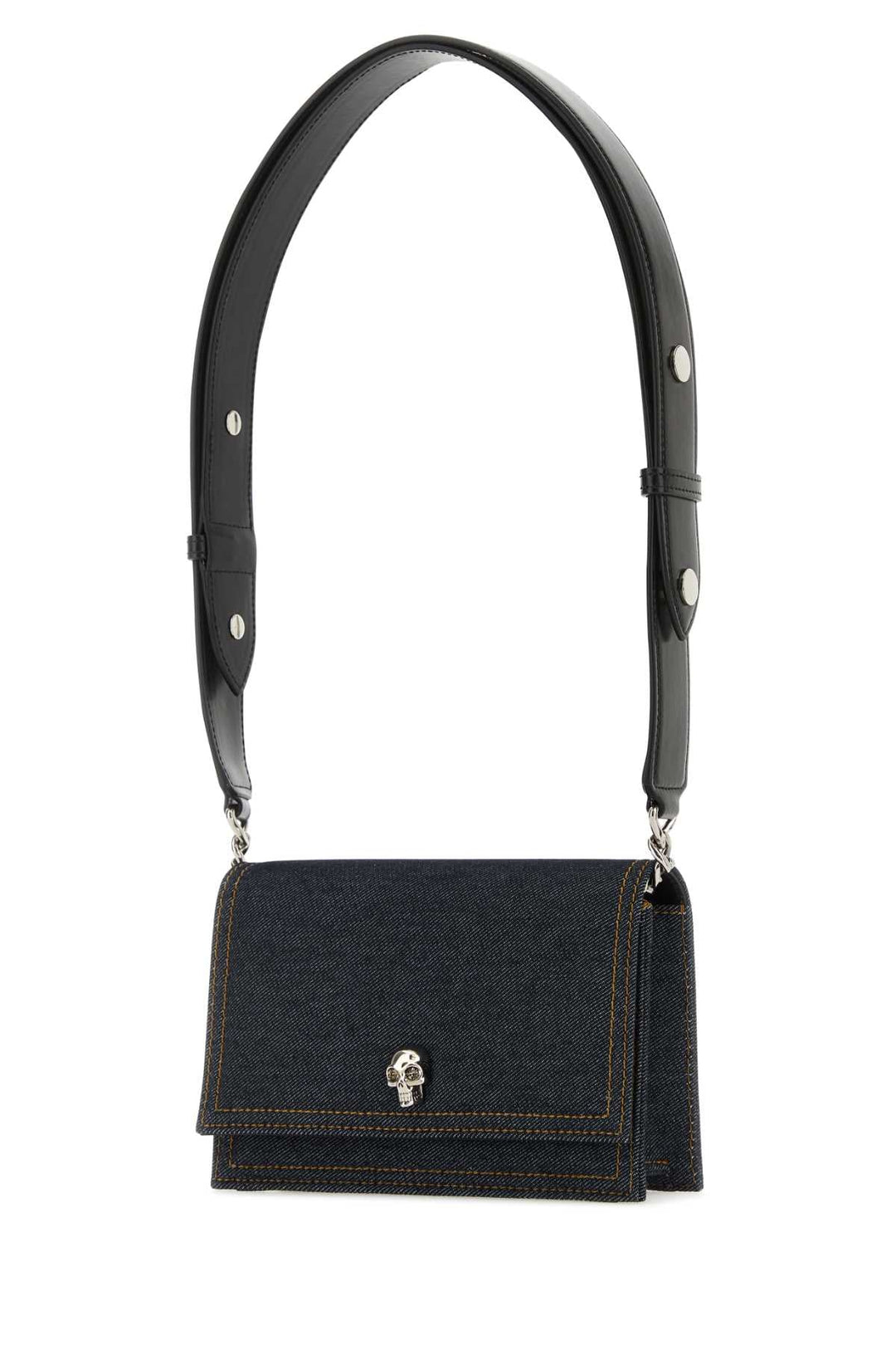 Alexander Mcqueen Women Dark Blue Denim Small Biker Skull Shoulder Bag