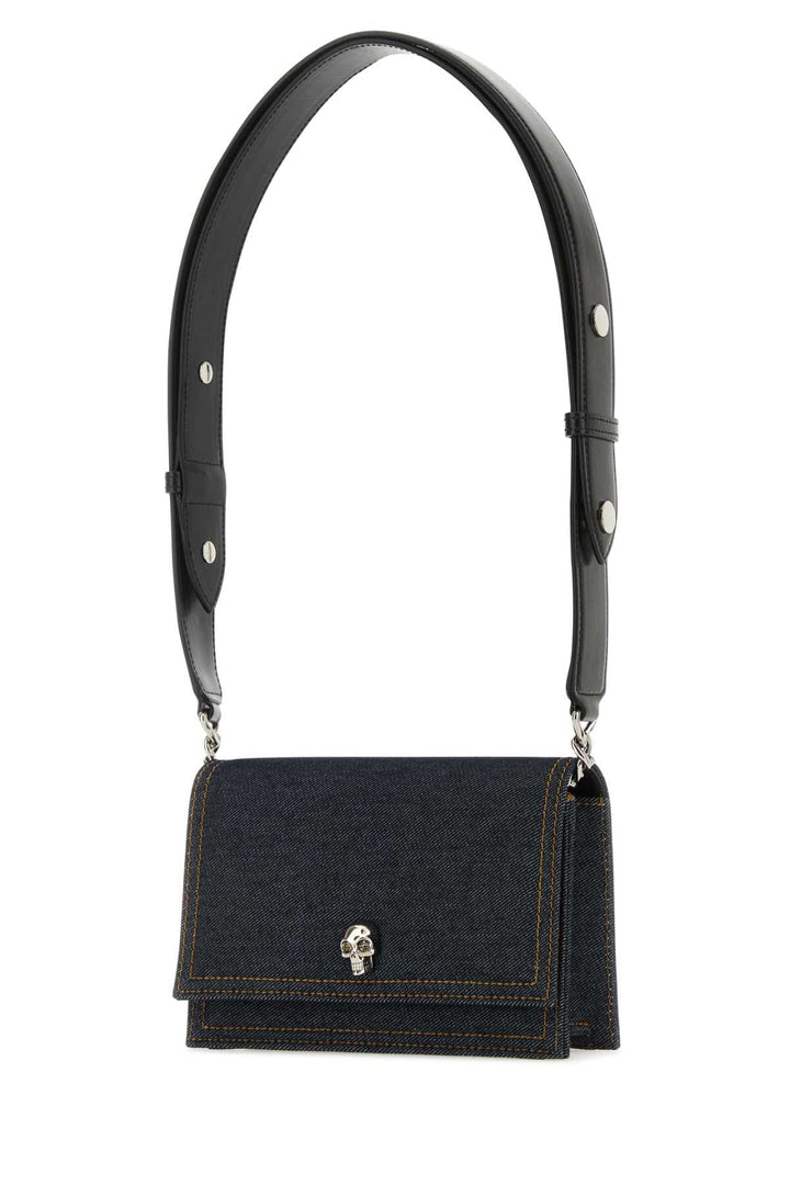 Alexander Mcqueen Women Dark Blue Denim Small Biker Skull Shoulder Bag