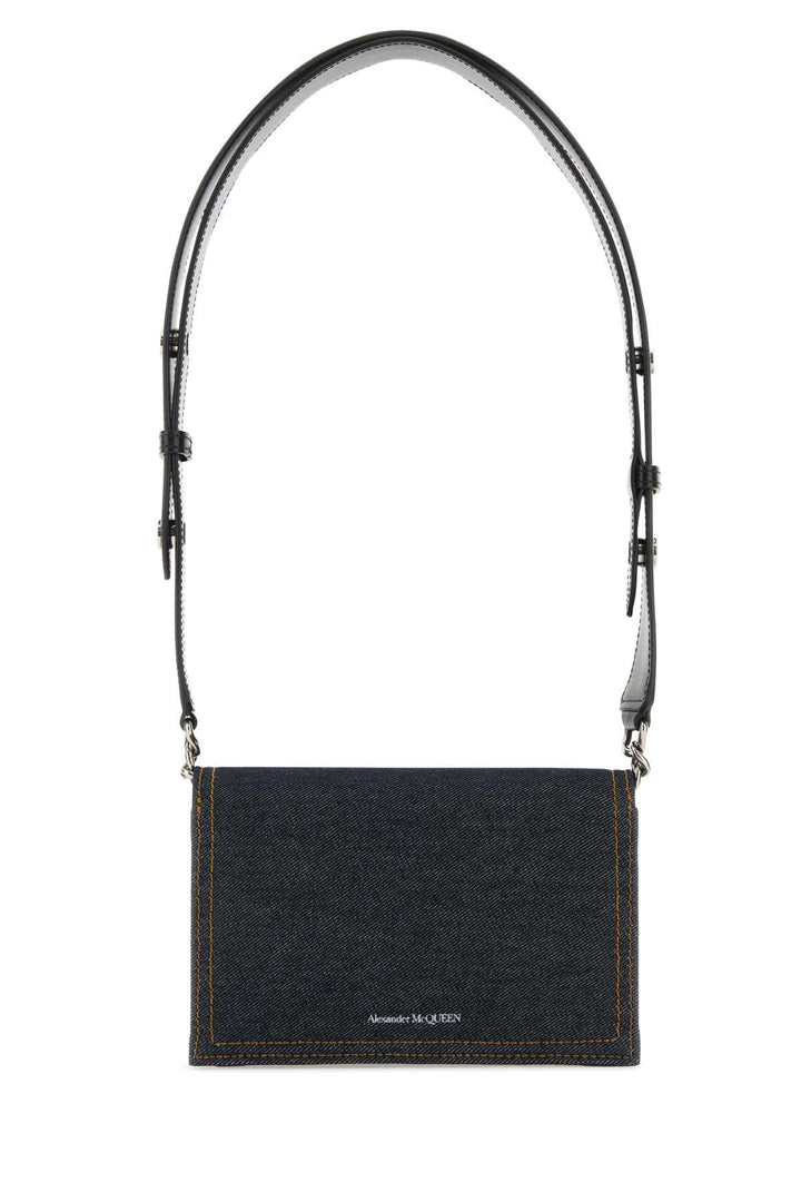 Alexander Mcqueen Women Dark Blue Denim Small Biker Skull Shoulder Bag