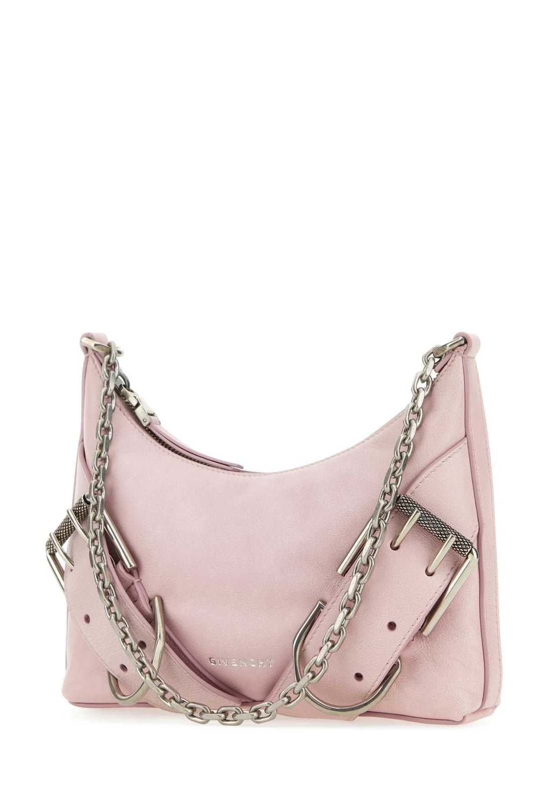 Pink handbag with chain detail on a white background