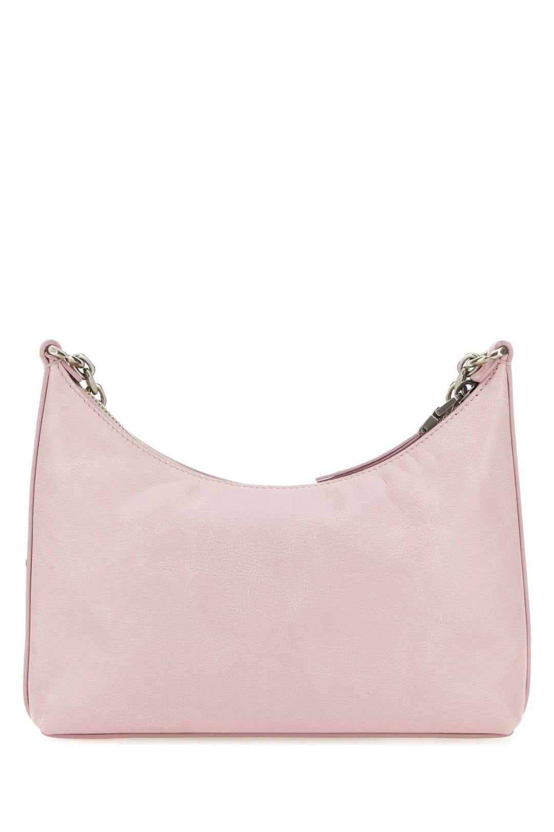 Pink handbag with chain detail on a white background