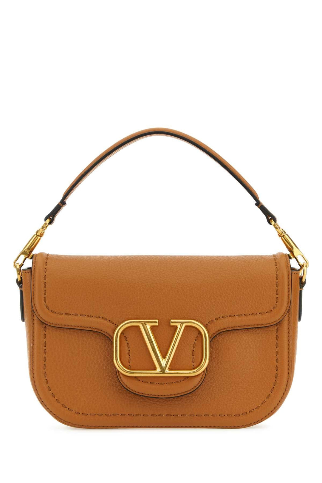 Brown handbag with gold accents on a white background