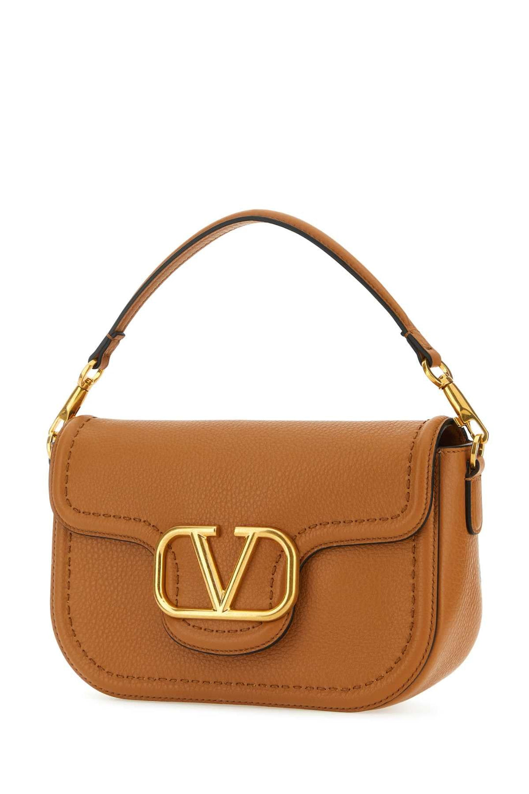 Brown handbag with gold accents on a white background