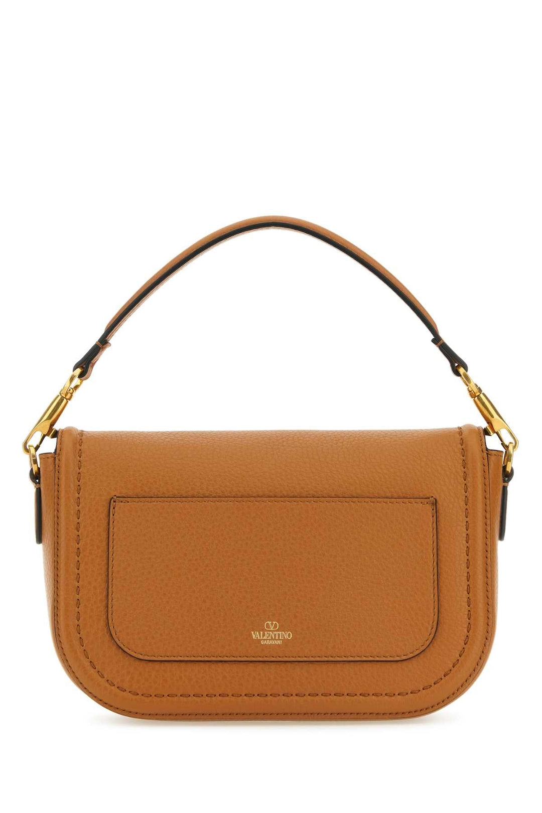 Brown handbag with gold accents on a white background