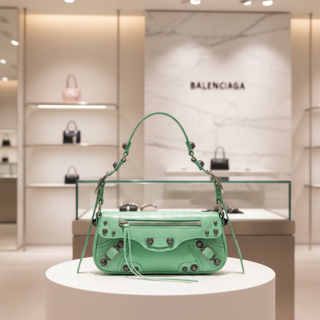 Green handbag with black accents on a white background