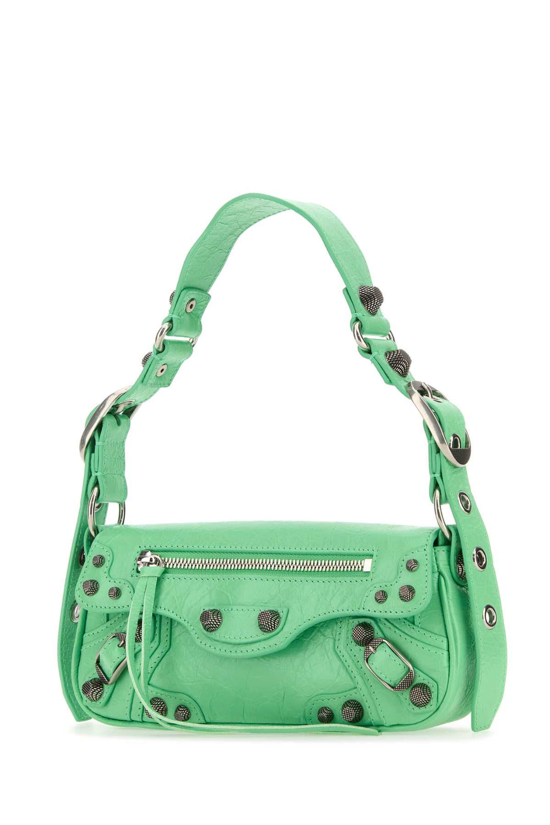 Green handbag with studded details on a white background