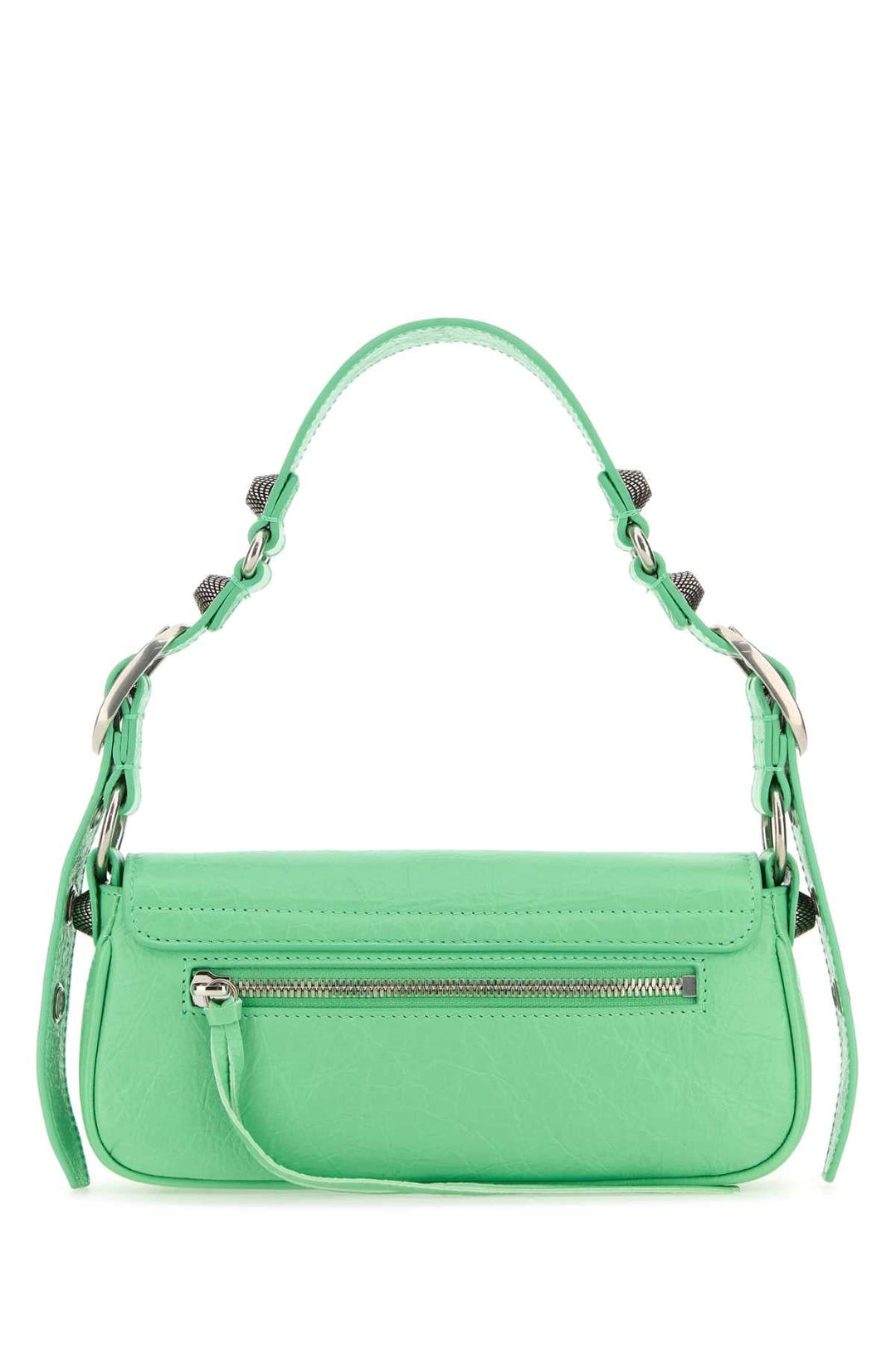 Green handbag with a chain strap on a white background