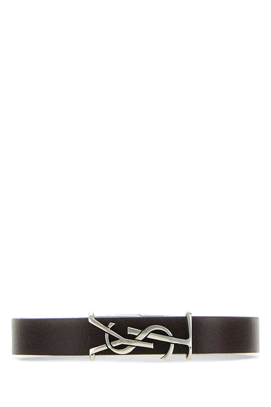 Black leather belt with silver buckle on a white background