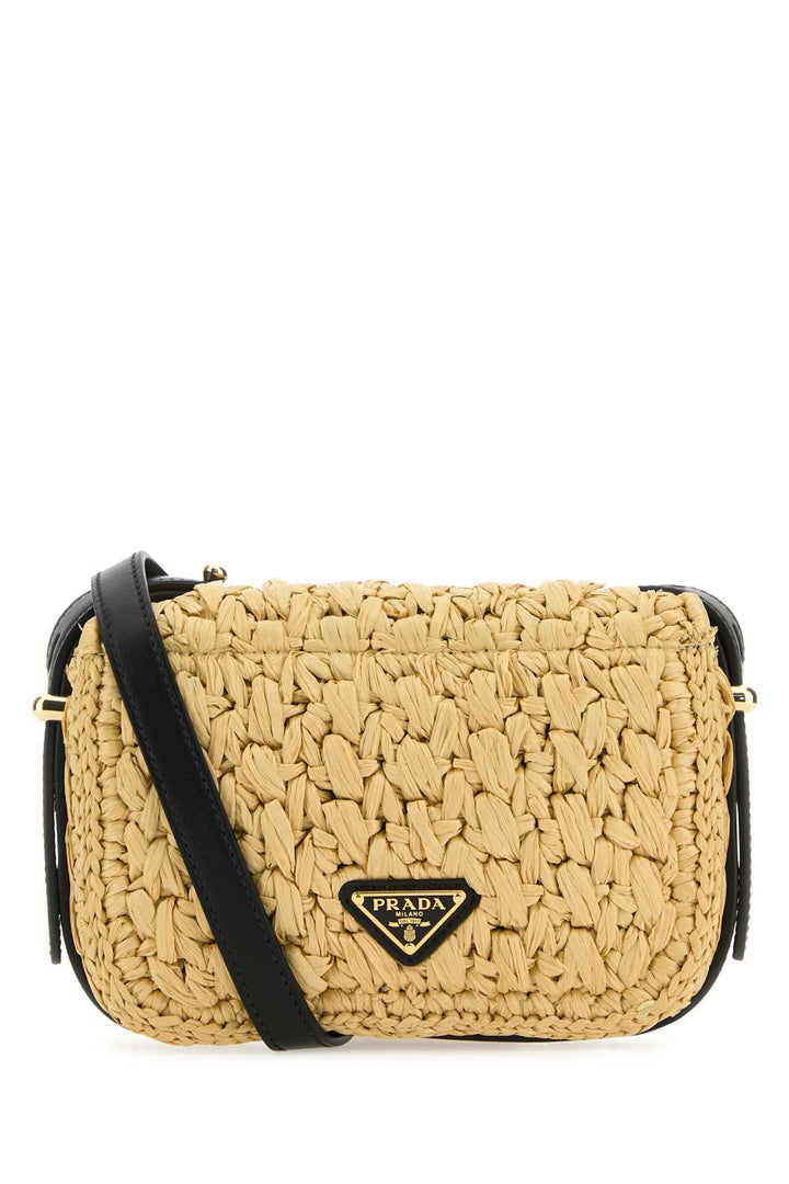 Prada Women Raffia Crossbody Bag in beige with black strap and logo, authentic designer accessory.