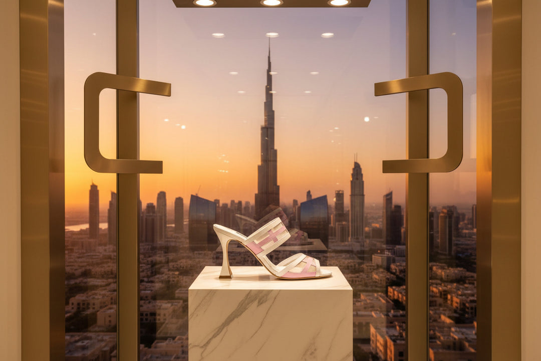 White and pink high-heeled sandal on a white background