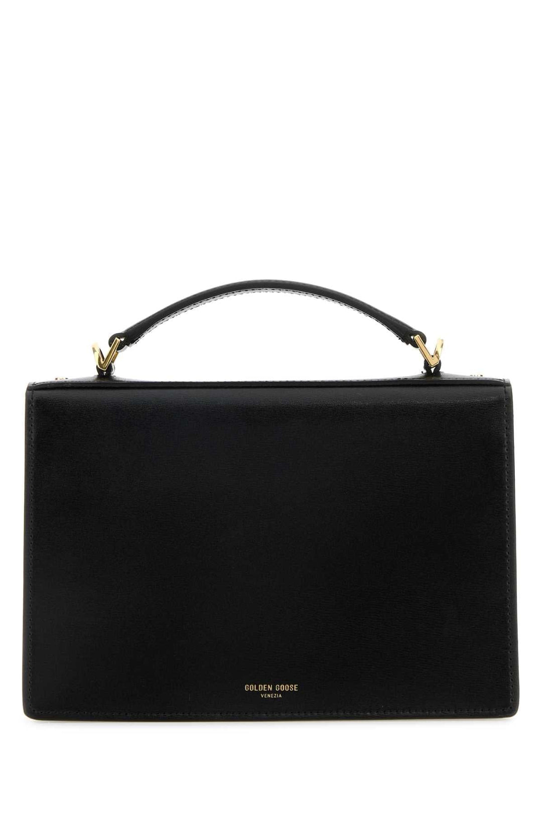 Black handbag with gold accents on a white background