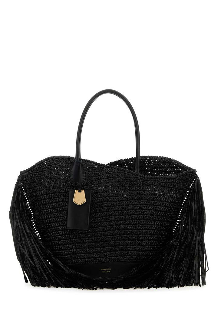 Salvatore Ferragamo Women Black Raffia And Leather Big Shopping Bag