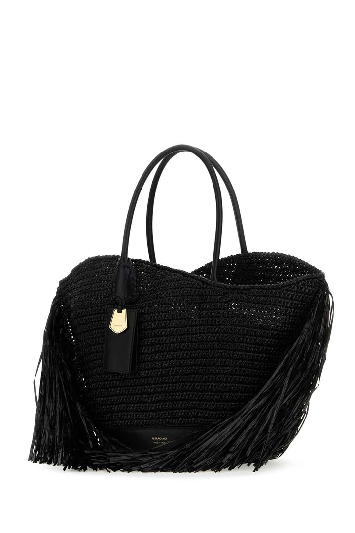 Salvatore Ferragamo Women Black Raffia And Leather Big Shopping Bag