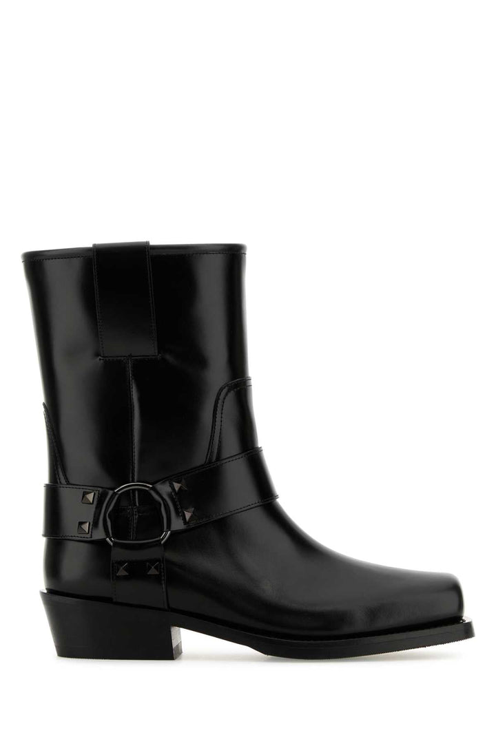Valentino Garavani Women Black Leather Biker Rockstud Ankle Boots