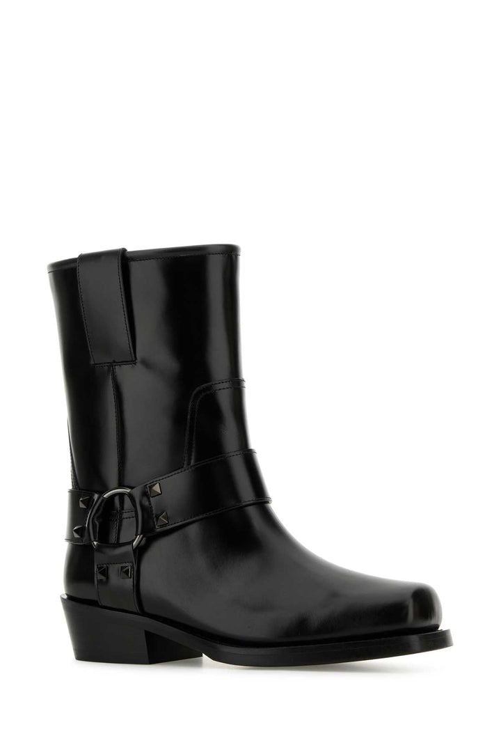 Valentino Garavani Women Black Leather Biker Rockstud Ankle Boots