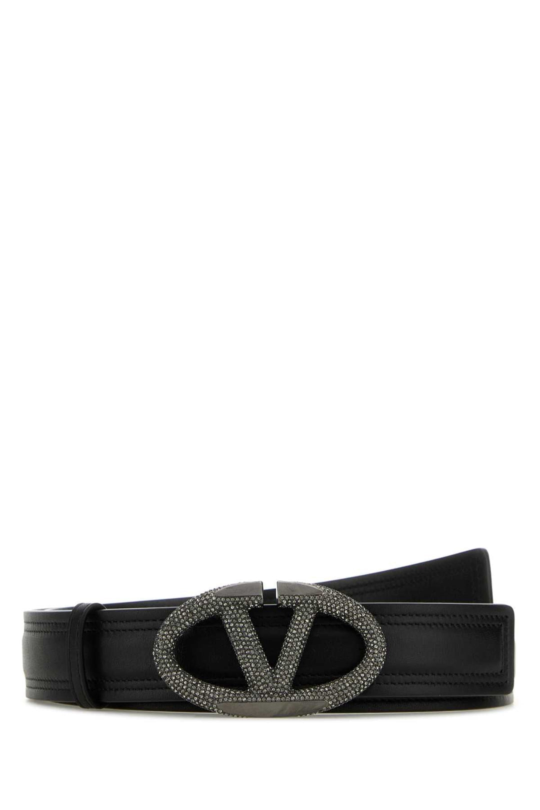 Black belt with a decorative clasp on a white background